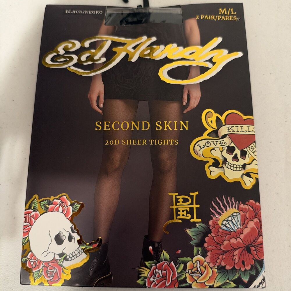 ED HARDY 2 PACK WOMENS SECOND SKIN 20D Sheer TIGHTS Size M/L Black NEW